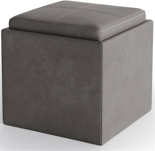SIMPLIHOME Rockwood 17" Wide Vegan Leather Storage Ottoman in Grey | Distressed slate grey, contemporary ottoman with flip-over tray top and hidden storage; cube storage bench for living room.