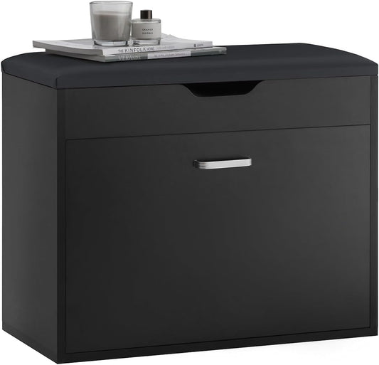 SoBuy Small Shoe Bench, Narrow Shoe Cabinet with Folding Padded Seat, Small Space Shoe Rack, Black 23.6" x 11.8" x 19.3"
