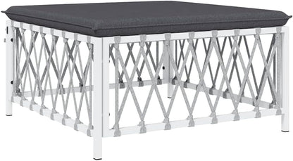 Patio Footstool with Cushion, White Woven Fabric Garden Ottoman, Powder-Coated Steel Frame, Thickly Padded Seat, Modular Design for Outdoor Lounge