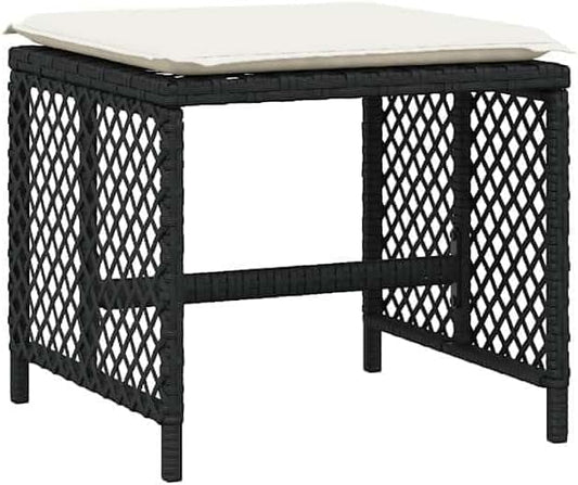4-Piece Garden Stool Set in Black with Poly Rattan and Powder-Coated Steel, Square Outdoor Seats with Removable Washable Cushion Covers, 14.2-Inch Height for Patio Balcony