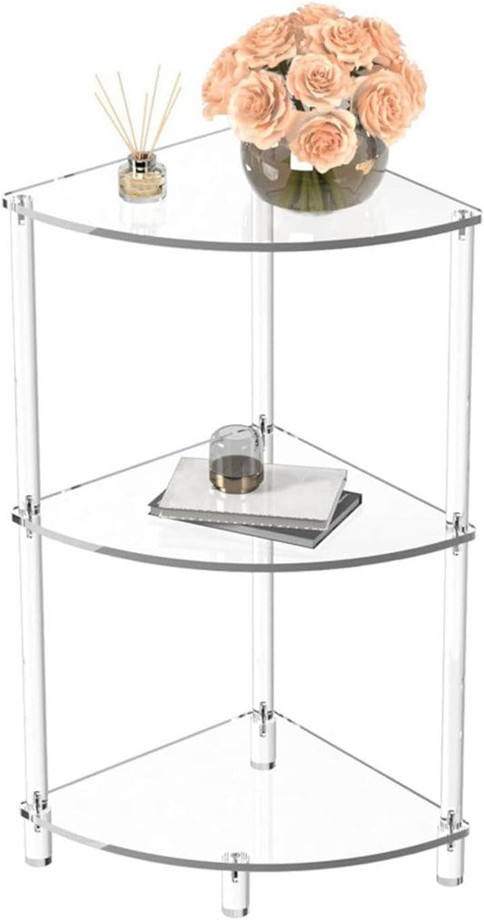 Corner Shelf, 3 Tier Acrylic Corner Side Table, 25.6 inch Standing Triangle End Table, Modern Home Display and Storage Shelf, Small Bedside Tables for Bedroom, Living Room,