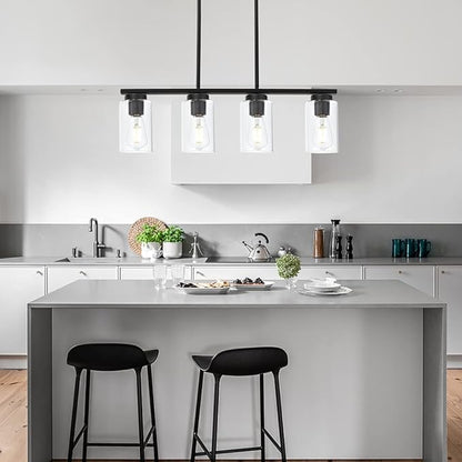 Black Pendant Light Fixtures with Clear Glass Shades, 4-Lights Linar Kitchen Island Light for Farmhouse Dining Room Kitchen Pool Table