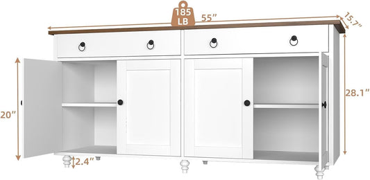 4 EVER WINNER Buffet Cabinet with Storage, 55'' Sideboard Buffet Cabinet with 2 Drawers, Coffee Bar Cabinet with 4 Doors, Kitchen Buffet Cabinet for Living Room, White