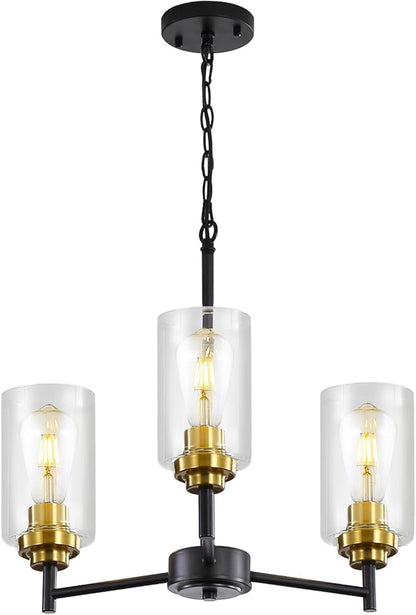 9MMML 3 Lights Black and Gold Chandelier, Modern Glass Ceiling Chandelier Light Fixture for Dining Room, Kitchen, Over Table,Foyer, E26 Base