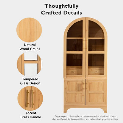 71 Inch Arched Kitchen Pantry Cabinet with Glass Doors and Hidden Drawer, Farmhouse Storage Four Door Cupboard with Internal Door Shelves, Adjustable Shelving and Anti-Tip Kit (Natural)