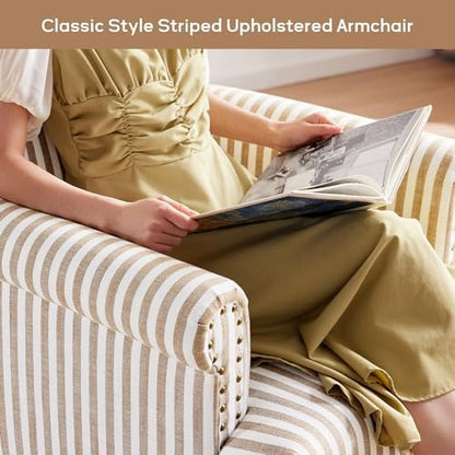 HUIMO Linen Fabric Accent Chair, Mid-Century Modern Armchair with Solid Wood Legs, Single Sofa Chair,Upholstered Reading Club Chair (1, Brown and White Stripe)