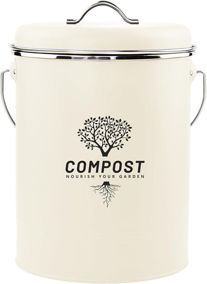Kitchen Countertop Compost Bin, Odor Resistant Indoor Compost Bin with Lid and Charcoal Filter, Rust Resistant Coated Compost Bucket, Compost Container, Cream