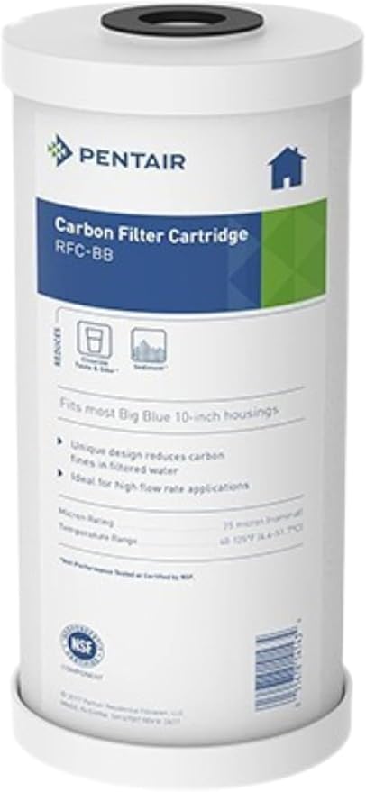 Pentair Pentek RFC-BB Big Blue Carbon Water Filter, 10-Inch, Whole House Heavy Duty Radial Flow Carbon Replacement Cartridge with Granular Activated Carbon (GAC) Filter, 10" x 4.5", 25 Micron