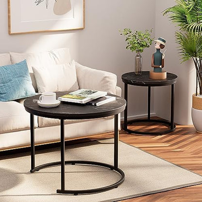 aboxoo Round Nesting Coffee Table Side Set of 2 End Tables for Living Room Bedroom Balcony,Black Faux Marble Wooden Table 23.6IN Accent Large Coffee Table with Steel Frame