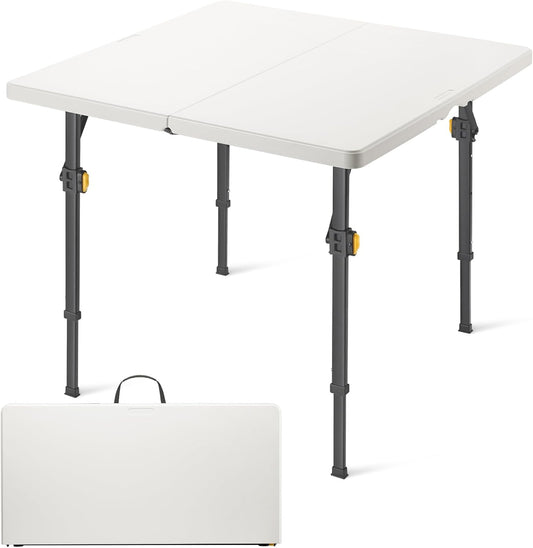 FanttikOutdoor Folding Card Table 34" Square, 2 Heights, Picnic Party Game | Fold-in-Half Utility Plastic Portable Table with Collapsible Legs & Carrying Handle, Heavy Duty, White Zeta S4 Pro