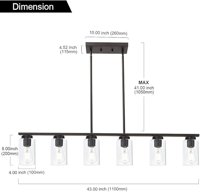 6-Light Kitchen Island Lighting Fixtures, Clear Glass Farmhouse Pendant Lights Hanging Chandelier in Oil Rubbed Bronze for Dining Room Table Cafe Bar