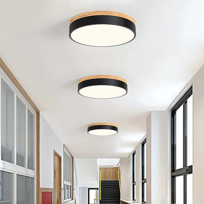 Dimmable Modern Wood Ceiling Light, Black LED 5CCT 2700K-6000K Flush Mount Ceiling Lighting Fixture, Round Light Fixtures for Kitchen Entryway Hallway Bedroom Laundry Room-11.8in