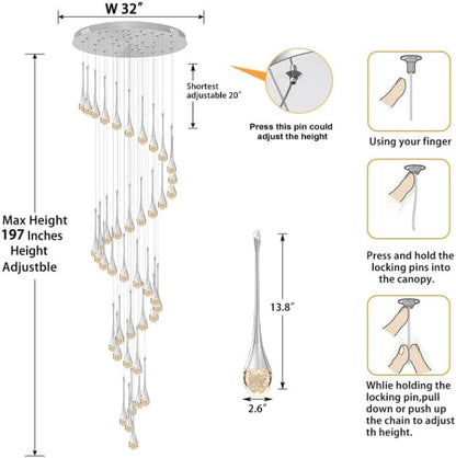 197inches Large Chandeliers for High Ceilings Silver Chandeliers for Entryway High Ceiling Pendant Lights Crystal Drop Light for Living Room Foyer Hallway Staircase
