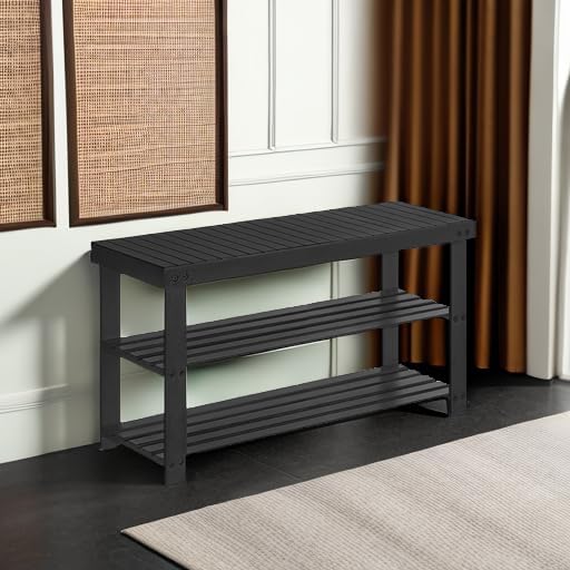 SONGMICS Shoe Rack Bench, 3-Tier Bamboo Shoe Storage Organizer, Entryway Bench, Holds Up to 286 lb, 11.3 x 35.4 x 17.8 Inches, for Entryway Bathroom Bedroom, Ink Black ULBS90B33