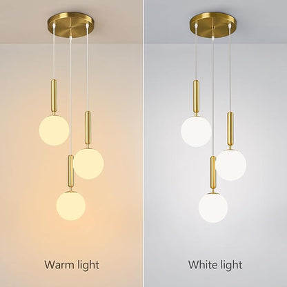 Modern Gold Pendant Light Hanging Fixture Light for Kitchen Island Mid Century with Globe Pendant Light Milk White Glass Pendant Lighting for Living Room Bedroom Entryway (3 Lights)