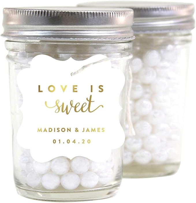 Andaz Press Personalized Fancy Frame Square Wedding Gift Tags, Metallic Gold Ink, Love is Sweet, 24-Pack, Custom Made Any Name