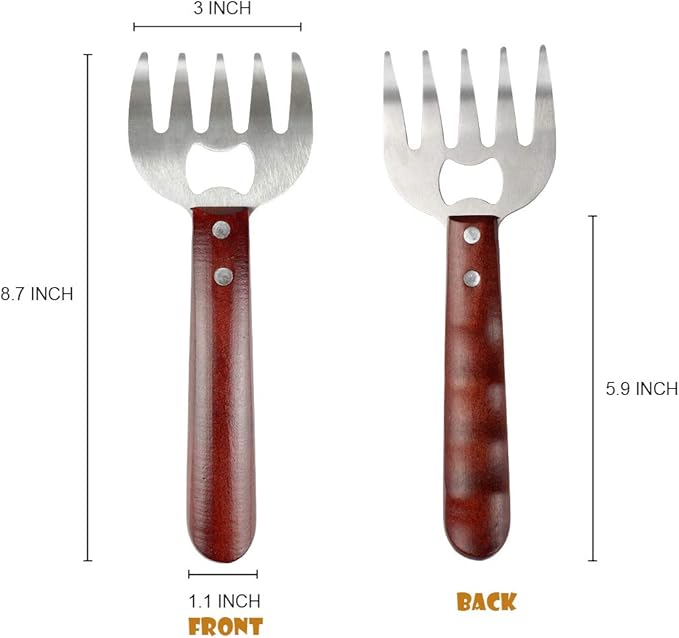 AIYUE Meat Shredding Claws Stainless Steel Pulled Pork Shredder Meat Claws for BBQ Shredding Pulling Handing Lifting & Serving Pork Turkey Chicken with Long Wood Handle (2 PCS,BPA Free)