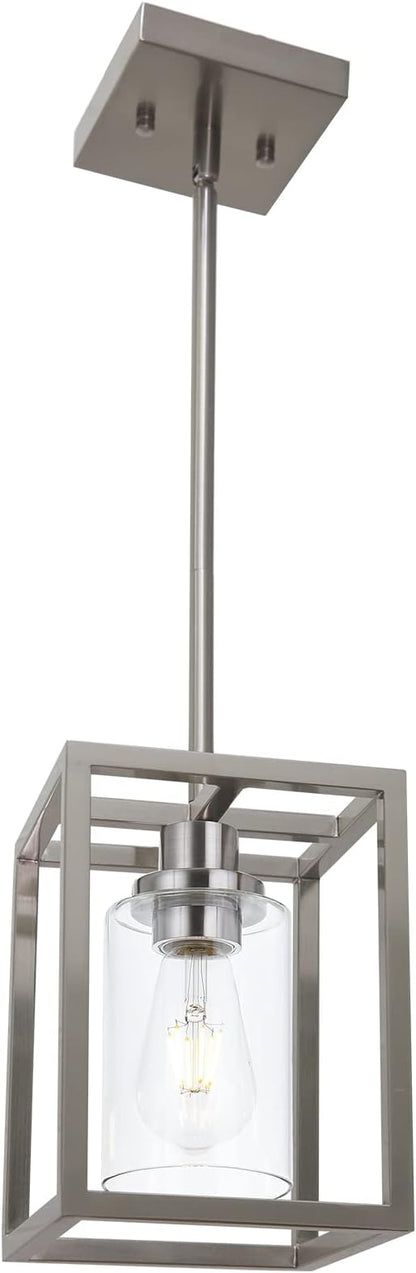 VINLUZ Contemporary Pendant Lighting,Single 1 Light Brushed Nickel Cage Hanging Light with Clear Glass Shade for Kitchen Island Entryway Dining Room Hallway Porch