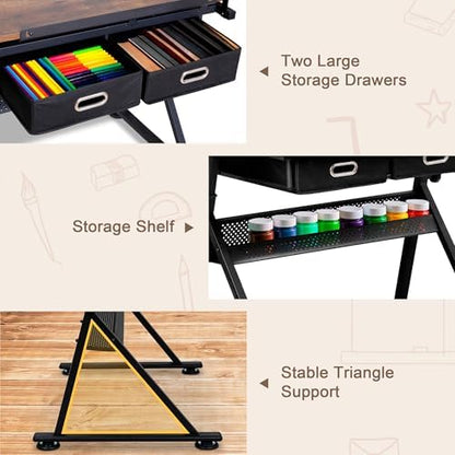 ZENY Adjustable Drafting Table with Stool Tilting Drawing Desk Artist Table | with Outlet, Storage Drawers, Art Craft Workstation for Home Office Reading, Writing, Crafting