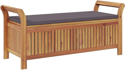 Acacia Wood Outdoor Storage Bench with Cushion, 49.6" Patio Storage Bench with Curved Arms, Garden Seat for Pillows and Blankets