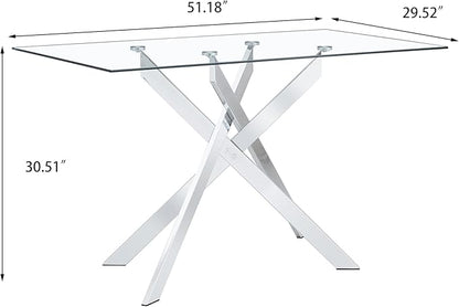 51" Rectangular Glass Dining Table Modern Kitchen Glass Top Table for 4 with Silver Metal Legs, Clear Dining Table Kitchen Table for Home Office Dining Room
