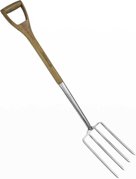 Garden Pitch Fork, 4-Tine Stainless Steel Spading Fork, 43.9'' Digging Fork with Good Leverage for Easy Digging Out Weed, Ergonomic D Handle Garden Fork for Composting, Digging Potatoes Loosening Soil