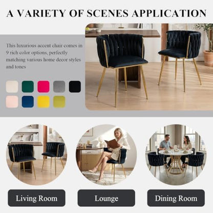Hand-Woven Dining Chairs Set of 2,Dining Room Chairs with Gold Leg | Velvet Elegant Side Chair with Curved Backrest, Sturdy Wood & Metal, Anti-slip Foot Pads, Wide Armrest, Holds 300LBS, Beige