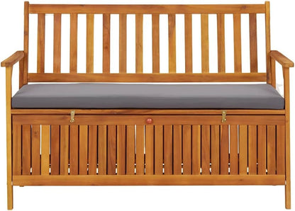 Patio Storage Bench with Cushion, 47.2 inch Outdoor Garden Seating, Solid Acacia Wood Furniture for Backyard, Porch, Deck, Gray