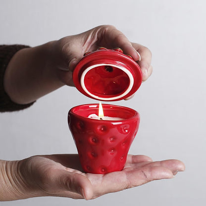 Strawberry Shaped Ceramic Candle Jar with Lid, Home Decor Aromatherapy Candlestick, Easter Bonus Candy Chocolate Storage jar (Red)