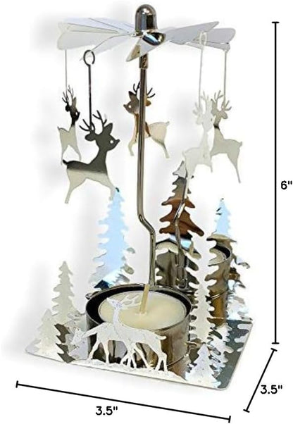 Spinning Reindeer Christmas Candle Holder with Rotating Hanging Charms – Scandinavian Holiday Tealight Candle Carousel, Christmas Tree Decorations, Metal Candle Spinner Centerpiece, 6 x 3.5 Inch