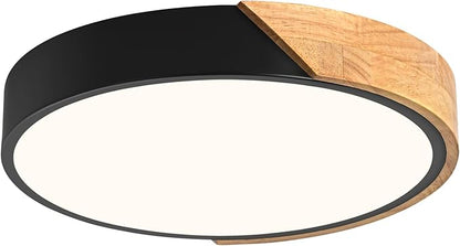 Modern Dimmable Black Flush Mount Ceiling Light Wood Close to Ceiling Lights for Bedroom Round Ceiling Lamp Lighting Fixture for Hallway Kitchen Laundry Room(11.8in)