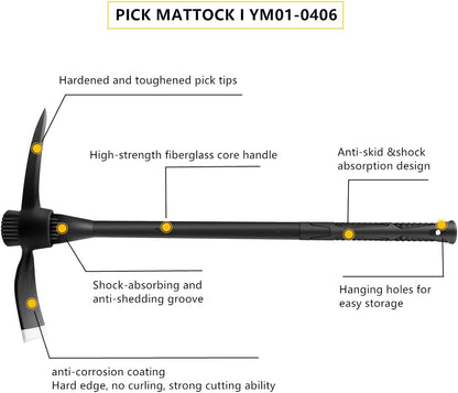 glorousamc Forged Adze Pick, Weeding Mattock Hoe Pick Mattock with Fiberglass Handle, Garden Pick, Great for Loosening Soil, Archaeological Projects (5LB-with 36" Fiberglass Handle)