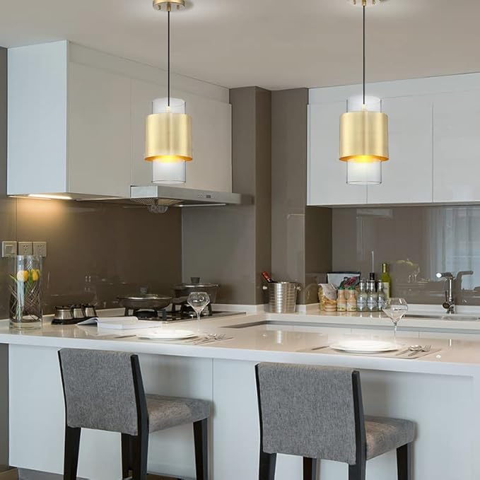 1 Light 3 Pack Hanging Indoor Kitchen Island Pendant Light 6" Drum Glass Shade Pendant Ceiling Light Fixtures Modern Farmhouse Dinning Over Sink (Gold Finish)