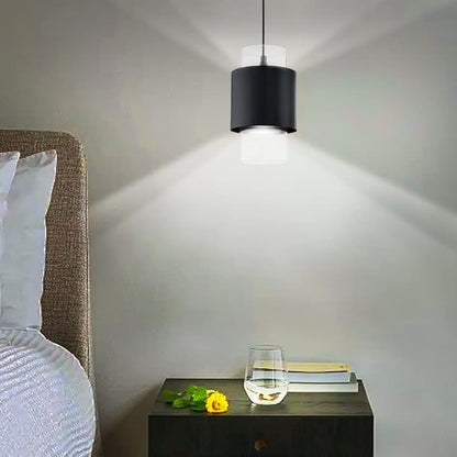 1 Light Hanging Indoor Kitchen Island Pendant Light 6" Drum Glass Shade Pendant Ceiling Light Fixtures Modern Farmhouse Dinning Over Sink (Black Finish, 2 Pack)