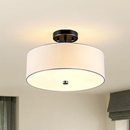 3-Light Semi Flush Mount Ceiling Light Fixture, 13" Black Drum Light, Modern Close to Ceiling Light with White Fabric Shade Lamps for Bedroom Living Dining Room Kitchen Hallway Entryway