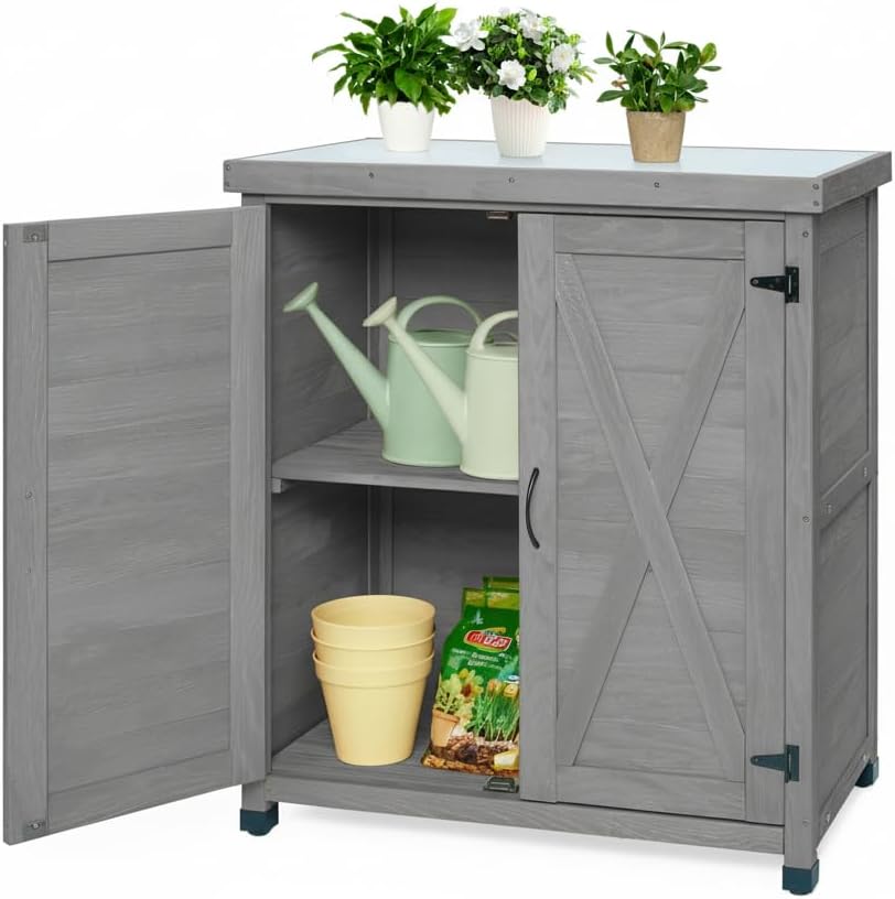 31" Weatherproof Small Storage Cabinet, Storage Cabinets with X-Shape Frame, Tool Cabinet with Magnetic Door for Patio & Garage, Gray