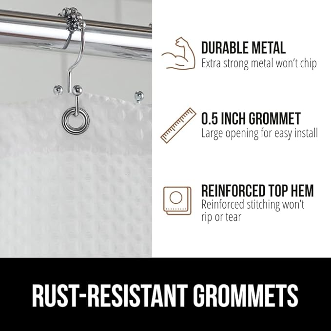GORILLA GRIP Waffle Shower Curtain, Thick Weighted Fabric, 72x78, Wrinkle and Rust Resistant, Classic Hotel Quality Design, Heavy Duty Long Curtains for Bathroom Showers, Bath Tubs, Machine Wash White