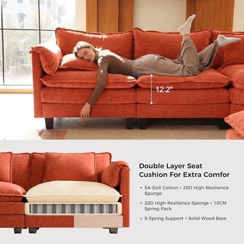 ELUCHANG 114" Oversized Modular Sectional Sofa, Comfy Chenille Cloud Couch, 6-Seater V Shaped Modern Deep Seat Sofa w/Removable Covers for Living Room, Bedroom, DIY Combination - Terracotta