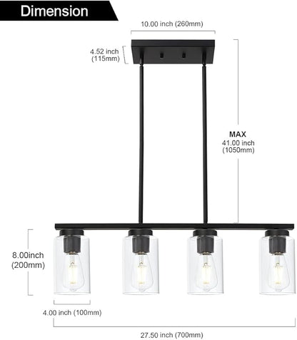 Black Pendant Light Fixtures with Clear Glass Shades, 4-Lights Linar Kitchen Island Light for Farmhouse Dining Room Kitchen Pool Table