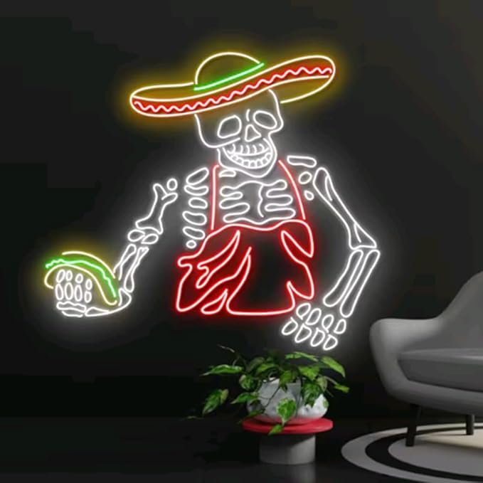 Mexican Skeleton Taco Led Sign, Mexican Skeleton Tacos Neon Sign, Wall Decor, Skeleton Taco Led Light, Father's day gift, Mexican Skull Taco Size:23inches