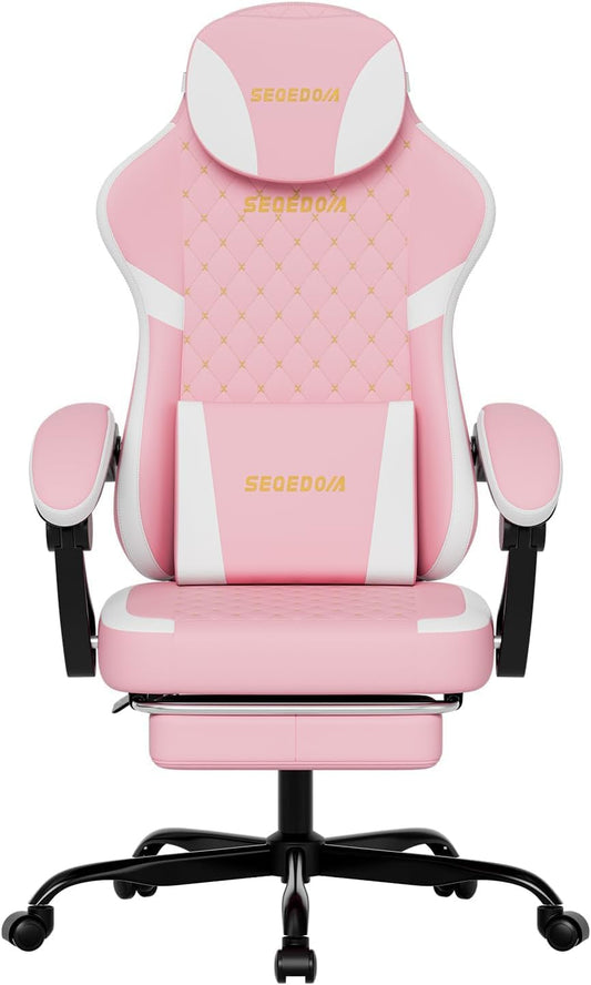 Ergonomic Gaming Chair with Footrest & Massage Lumbar Pillow, Height Adjustable 360° Swivel Computer Chair, Linked Armrest & Headrest for Office Gaming (Pink White)