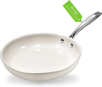 9.5" Ceramic Nonstick Frying Pan, Skillet, Cooking Pan Non Toxic with Stay Cool Handle for Induction, PTFE & PFAS & PFOA Free, Dishwasher/Oven Safe, White