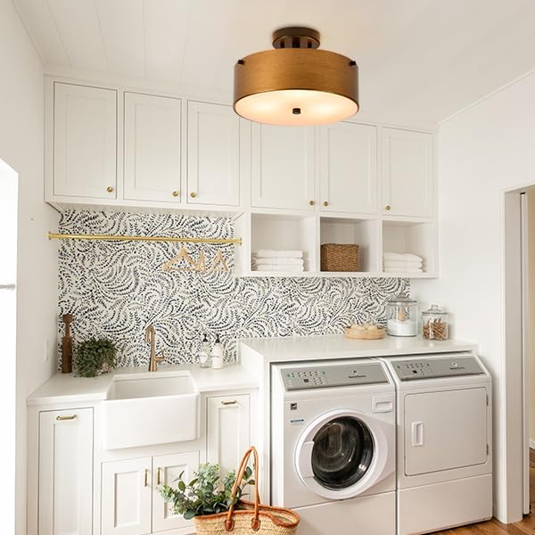 Gold Semi Flush Mount Ceiling Light, Modern Drum Chandelier with Brass Gold Metal Shade, Vintage Close to Ceiling Light for Kitchen Entryway Bedroom Laundry Room, 3-Light, 12 Inch
