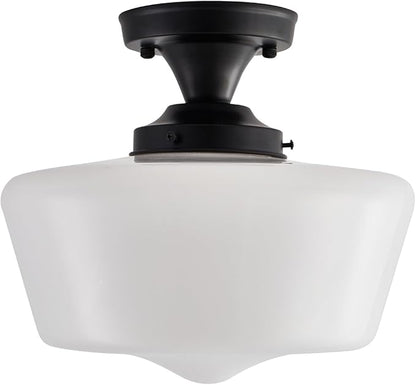 Black Schoolhouse Light Fixture, 12" Milk Glass Flush Mount Ceiling Light, Black Semi Flush Mount Ceiling Light for Farmhouse Kitchen Hallway Entryway