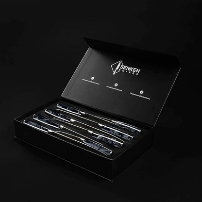 SENKEN 8-Piece Japanese Knife Set with Black Resin Handle and Laser Damascus Pattern - Onyx Collection - Chef's Knife, Santoku Knife, Bread Knife, Paring Knife, & More