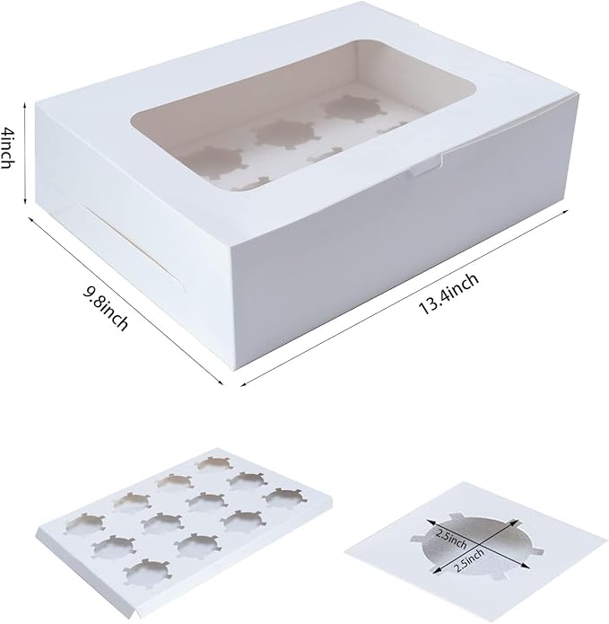 Yeplan 5 Packs Cupcake Boxes 12 Count,White Cupcake Carriers with Window,13.4x9.8x4 Inches Cookie Boxes,Cupcake Containers,Bakery Boxes