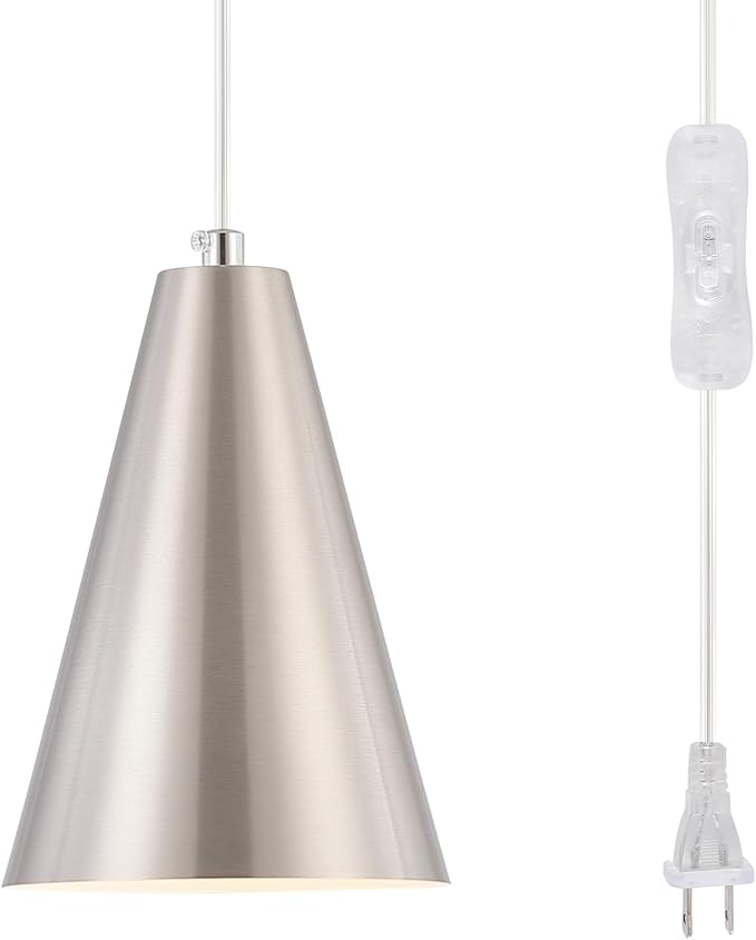 Brushed Nickel Plug In Pendant Light,Hanging Lights with Plug In Cord On/Off Switch, Mini Silver Pendant Lights for Kitchen Island,Modern Chandelier with Metal Shade,Hanging Lamps for Bedroom