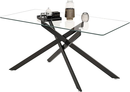 60" Rectangular Glass Dining Table Modern Kitchen Glass Top Table for 6 with Black Metal Legs, Clear Dining Table Kitchen Table for Home Office Dining Room