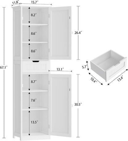 Iwell 67" Tall Bathroom Cabinet, Storage Cabinet with 2 Doors & 1 Drawer, Bathroom Storage Cabinets with Adjustable Shelves, for Living Room, Entryway, Home Office, White