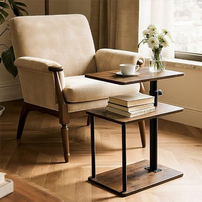 Faesun 360° Swivel Side Table for Height Adjustable, C Shaped End Table for Couch with Storage, 3-Tier Night Stand with Open Shelf, Tv Tray for Small Spaces, Living Room, Bedroom, Rustic Brown